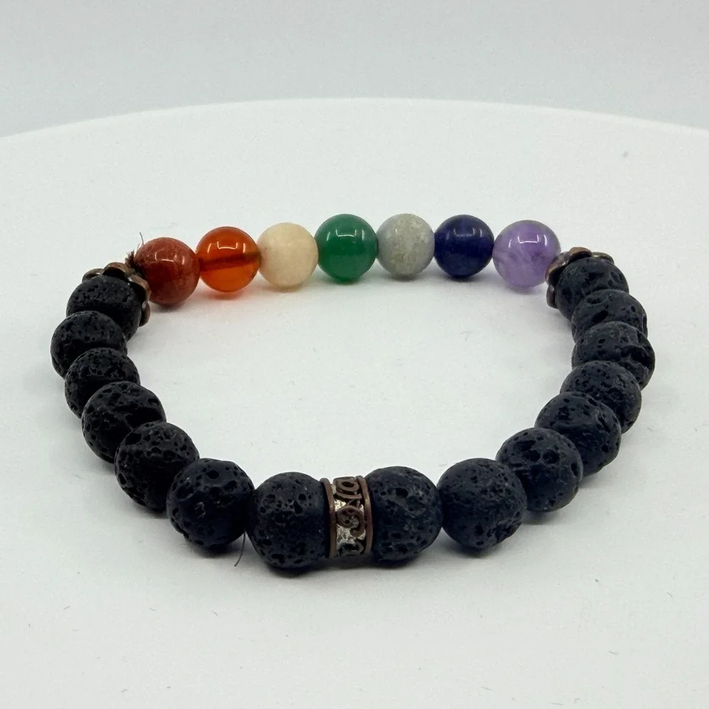 Vintage Bohemian 7 Chakra Lava Rock Stretch Beaded Healing Bracelet 90s